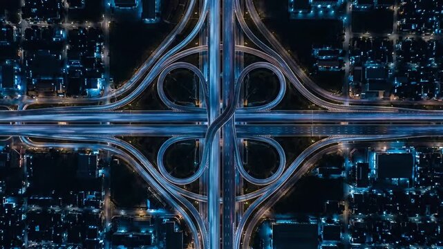 Top-down aerial view of symmetrical highway interchange with blue city lights.