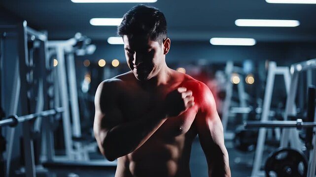 A shirtless man in a gym experiencing acute shoulder pain, highlighted in red, suggesting an injury or muscle strain during a workout.