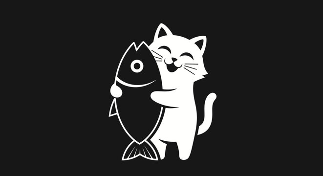 Cute cartoon cat holding a large fish with a smiling face on a black background