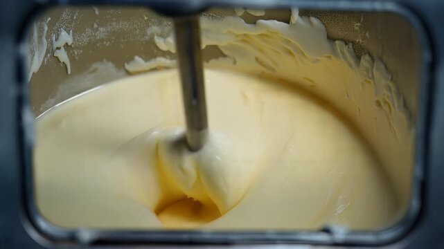 Commercial ice cream machine blending creamy vanilla mixture, close-up view of smooth texture and swirling motion, in professional kitchen setting, symbolizing indulgence and dessert preparation