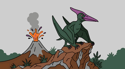 Flat Vector Illustration of a Green Pterodactyl Perched on a Rocky Cliff Overlooking an Erupting Volcano with Smoke and Lava, Prehistoric Landscape Scene with Copy Space © sus