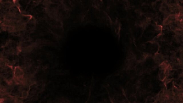 Dark nebulous clouds swirl around a central void creating an intense and mysterious visual atmosphere.