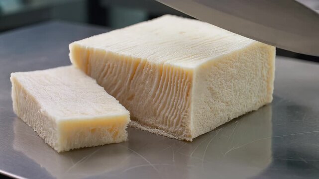 Creamy cheese block being sliced with sharp knife on reflective metal surface, close-up shot of smooth texture and creamy layers, symbolizing freshness and culinary artistry