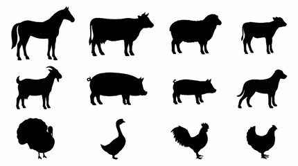 Collection of black silhouette farm animals and birds. © Siswa