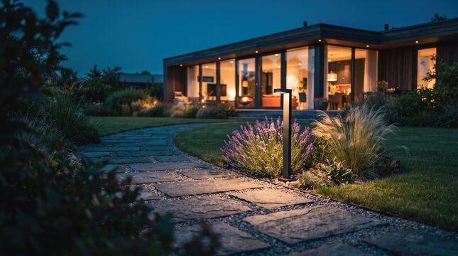 Stone flagstone path through lawn leading to modern luxury house at dusk with garden lighting and lavender for landscape design