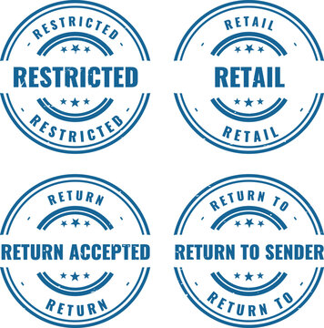 Collection of blue circular ink stamps featuring restricted retail return accepted and return to sender status labels