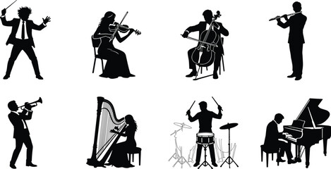 Orchestra Musicians and Classical Performance Silhouette Bundle Featuring Conductor String Wind Percussion and Piano Instrumental Artists © MDMOSRAFUL