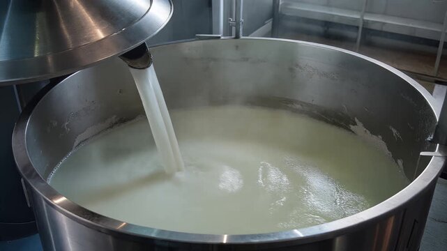 Industrial dairy processing with white liquid pouring into large stainless steel vat, close-up view of milk or cream being transferred in food manufacturing facility, symbolizing production, quality