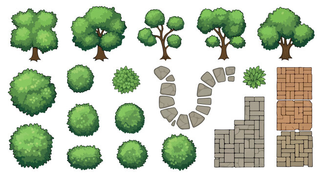 Cartoon garden landscape elements vector set, green trees and bushes for game design, stone path and brick pavement tiles for park map creation isolated PNG with Transparent Background