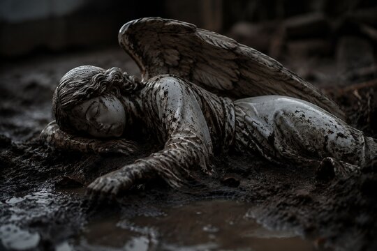 A delicate angel statue fallen and stained in mud under dramatic lighting.