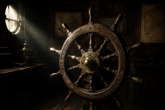 Old wooden ship's wheel in a dim cabin, illuminated by a single beam of light.