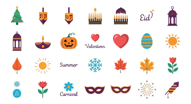 Holiday and seasonal icon set with 28 vector elements, festive celebration symbols for Christmas, Hanukkah, Eid, Halloween and Carnival events isolated PNG with Transparent Background