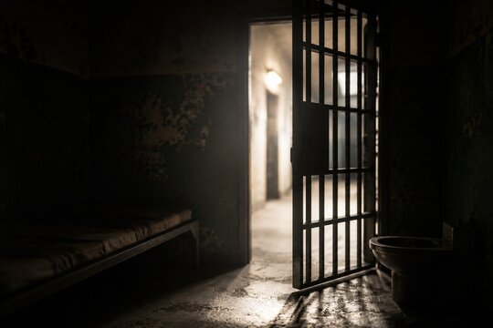 Open prison cell door with light streaming into the dark interior.