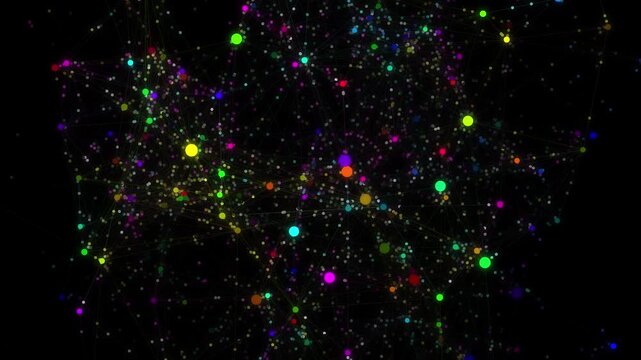 digital simulation of a neural network featuring moving nodes and changing connections displayed with various random colors in a complex system
