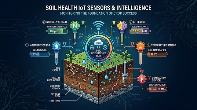 Infographic of soil health iot sensors and smart agriculture system
