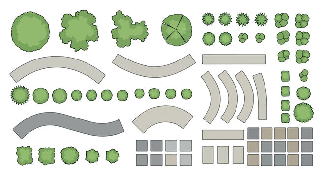 Landscape architecture plan symbols, top view garden design elements, green tree and shrub vector set, architectural site mapping icons isolated PNG with Transparent Background