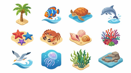 Colorful Tropical Ocean Life Illustrations Collection. © Roda