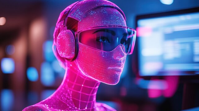 Cybernetic woman with headphones and visor in neon pink and blue