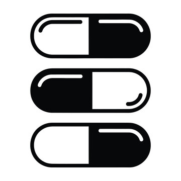 Three black and white capsules pills stacked vertically on white background