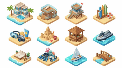 Colorful Isometric Summer Vacation Icons Collection. © Roda