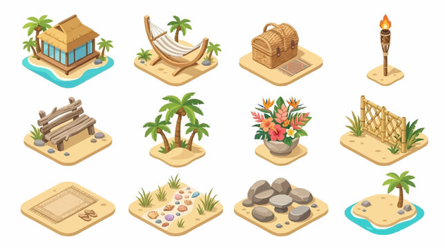 Tropical Island Scene with Beach and Palm Trees.