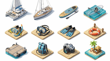 Colorful Isometric Summer Vacation and Water Sports Icons. © Roda