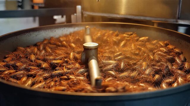Sizzling fried insects in a large metal pan with wooden cooking tools, close-up view of crispy edible bugs, cooking process in a commercial kitchen, symbolizing adventurous culinary experiences