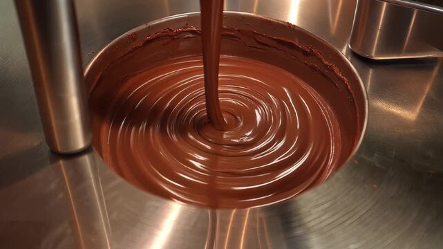 Smooth chocolate pouring into metallic bowl with swirling patterns, close-up shot, professional kitchen setting, symbolizing indulgence and gourmet dessert preparation