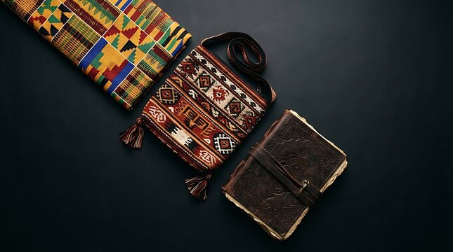 Traditional ethnic textile woven bag and leather journal on black