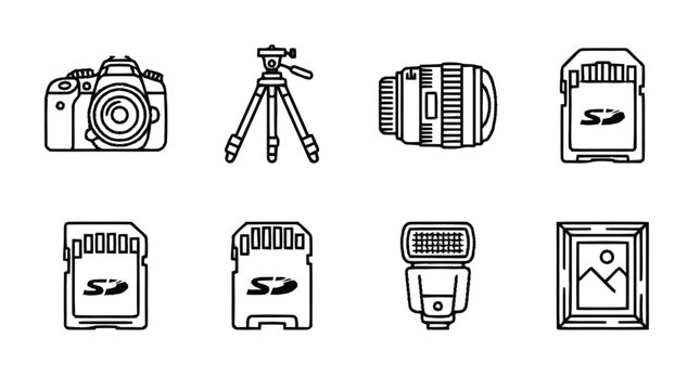 An illustration of various photography equipment and memory cards on a plain background