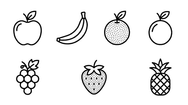 A vibrant illustration of various fruits including apple, banana, and pineapple on a white background.