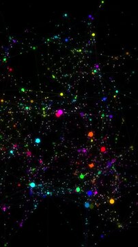 digital simulation of a neural network featuring moving nodes and changing connections displayed with random colors in a complex system