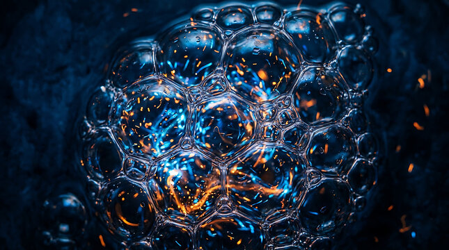Abstract macro view of effervescent bubbles with golden highlights abstract effervescent close-up lighting reflection creative background chemistry