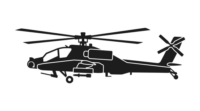 Attack Helicopter Silhouette, Military Aircraft, Side View, Black and White Vector Art