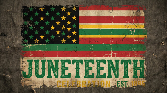 Juneteenth flag design on rustic textured background.