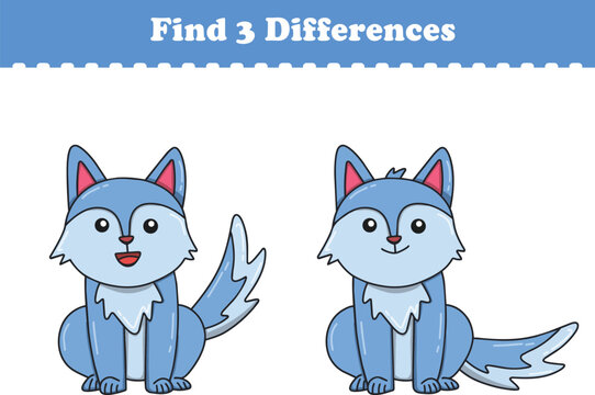 Education game for children find three differences between two animals cartoon. Vector illustration