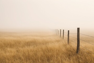 Fototapeta premium Quiet sepia countryside field featuring a wooden boundary line vanishing into haze