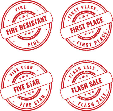 Collection of circular red rubber stamps with fire resistant first place five star and flash sale