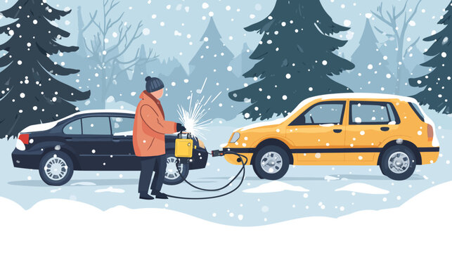Person jump-starting cars in snowy outdoor landscape with trees