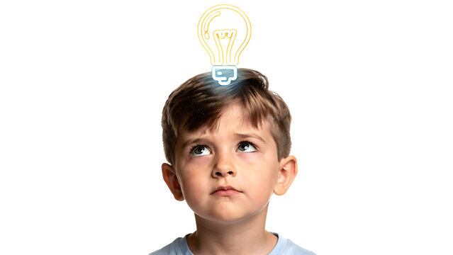 A young boy having an idea with lightbulb PNG above his head