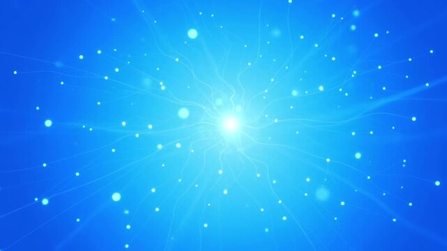 Abstract blue light burst with glowing particles and flowing energy lines background