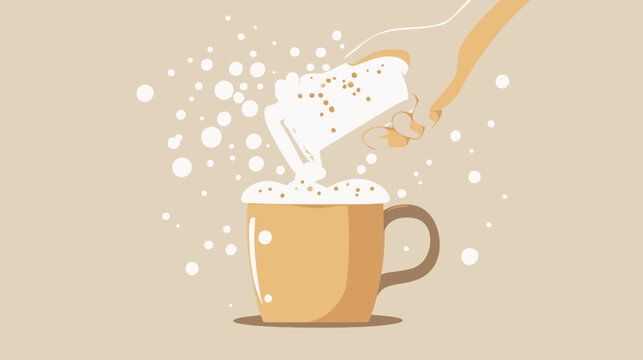 Hand pouring foamy beverage into a mug with splashes around