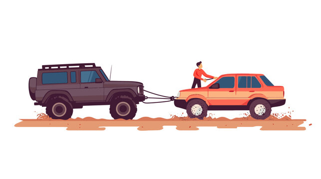Man pulls a small orange SUV with a black off-road vehicle on dirt
