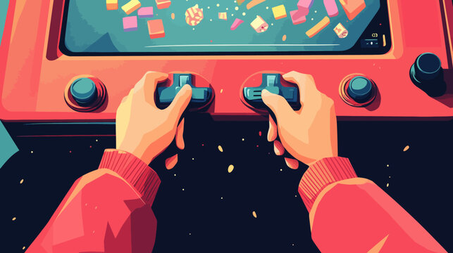 Hands playing retro arcade game, pixel art style, colorful screen