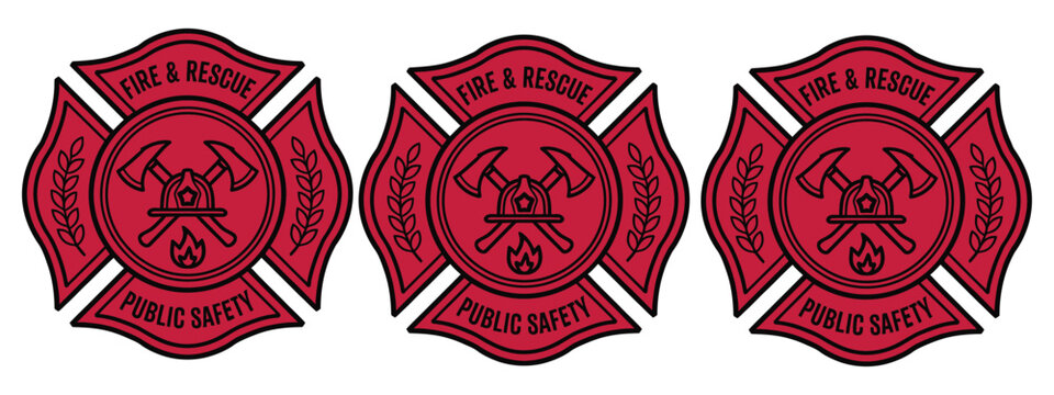 firefighter maltese cross emblem vector illustration with rescue icon, emergency services badge, public safety symbol, firefighting department insignia, first responder shield, professional emergency 