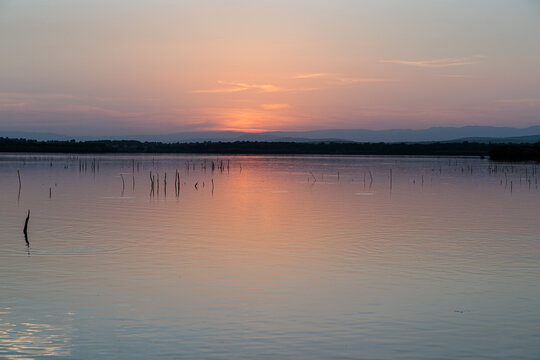Landscape with the Valpara&iacute;so Reservoir at sunset, Villardeciervos, Zamora, Castile and Le&oacute;n, Spain.
