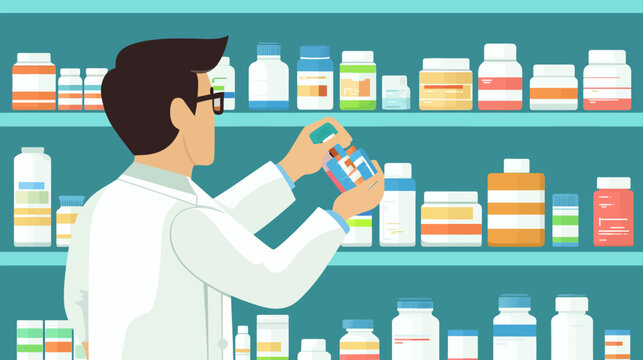 A pharmacist selecting medication bottles in a pharmacy aisle