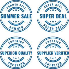 Obraz premium Collection of four circular blue rubber stamps highlighting summer sale super deal and superior quality themes