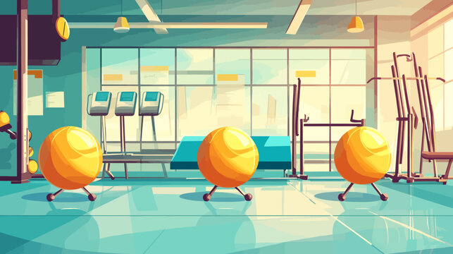 Bright gym with equipment, orange exercise balls, sunlight streaming