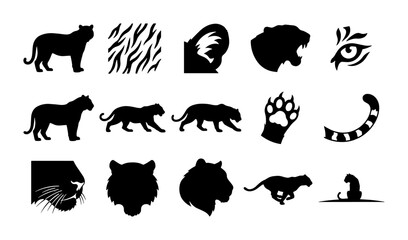 Tiger Silhouettes, Paw Prints, and Stripes Vector Icons Set: Wild Cat Graphics © Nasir